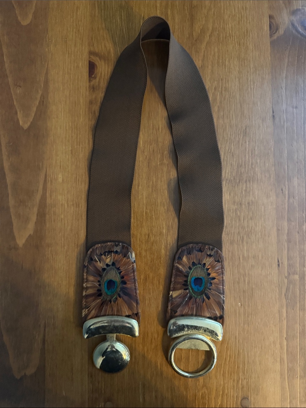 Genuine Peacock Feather Wide Boho Statement Belt Brown